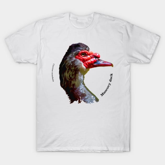 Muscovy duck head pin black text T-Shirt by Ornamentum